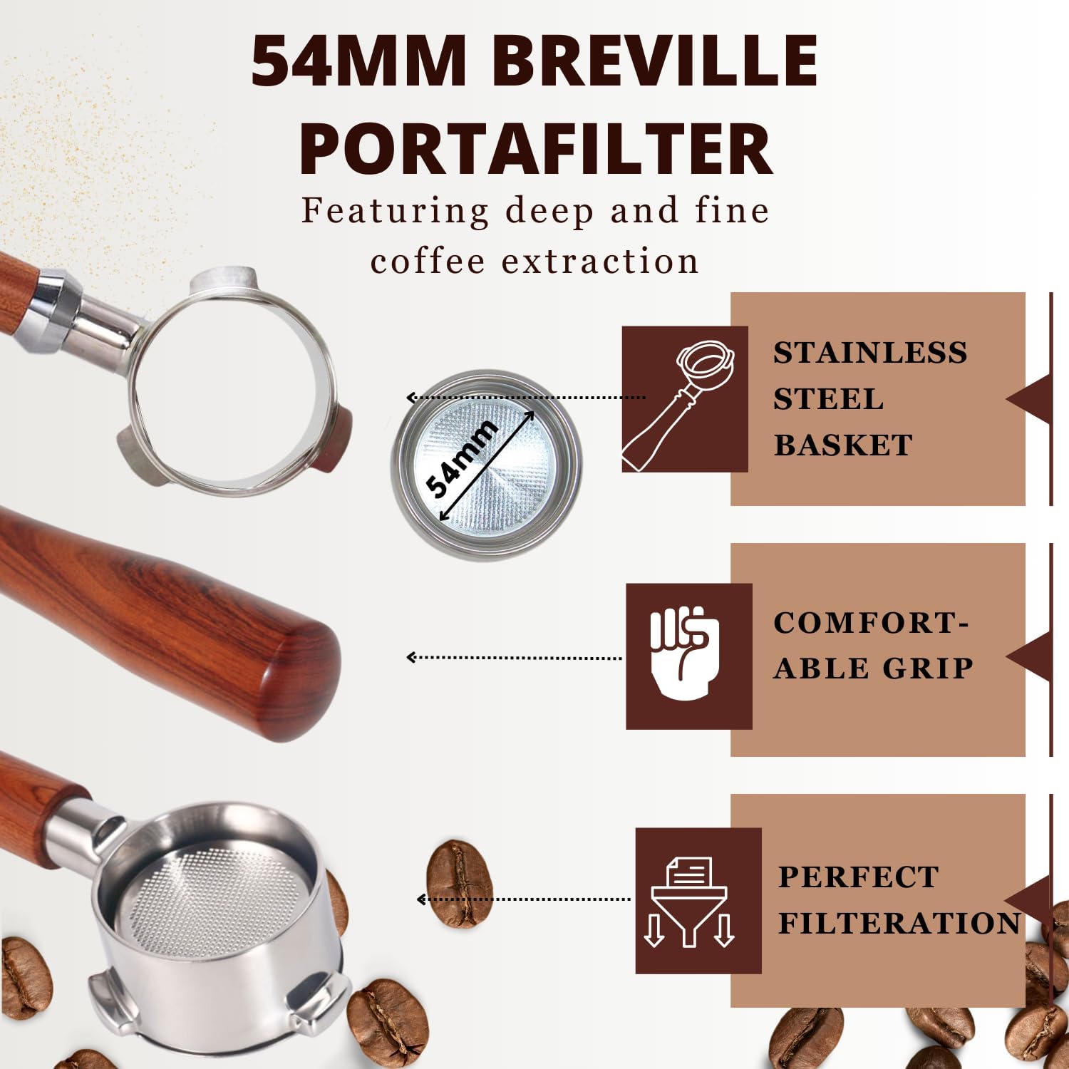 Espresso Portafilter 54mm Bottomless Compatible with Breville Duo-temp, Infuser, Bambino, Barista Express, Barista Touch, and Barista Pro Espresso - Stainless Steel Filter Basked Included