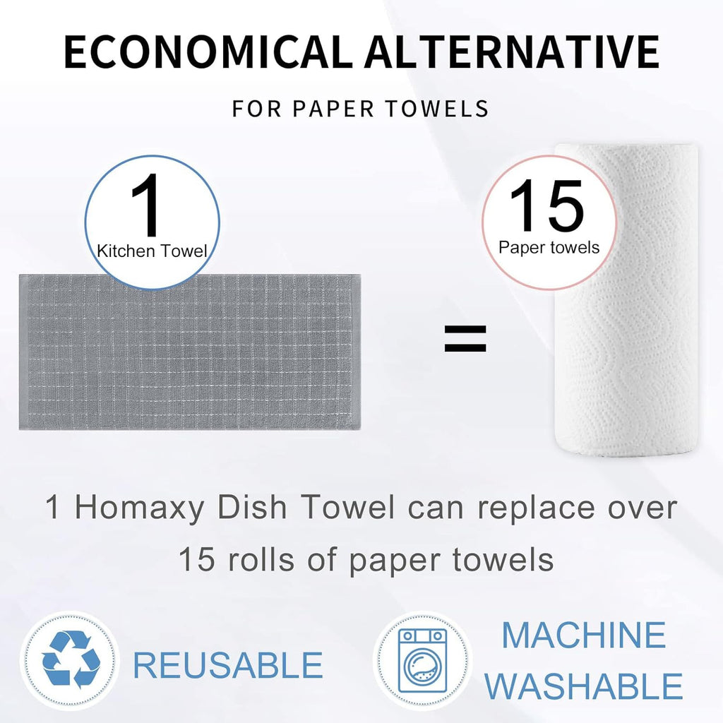 Homaxy 100% Cotton Terry Kitchen Towels(Grey, 13 x 28 inches), Checkered Designed, Soft and Super Absorbent Dish Towels, 4 Pack