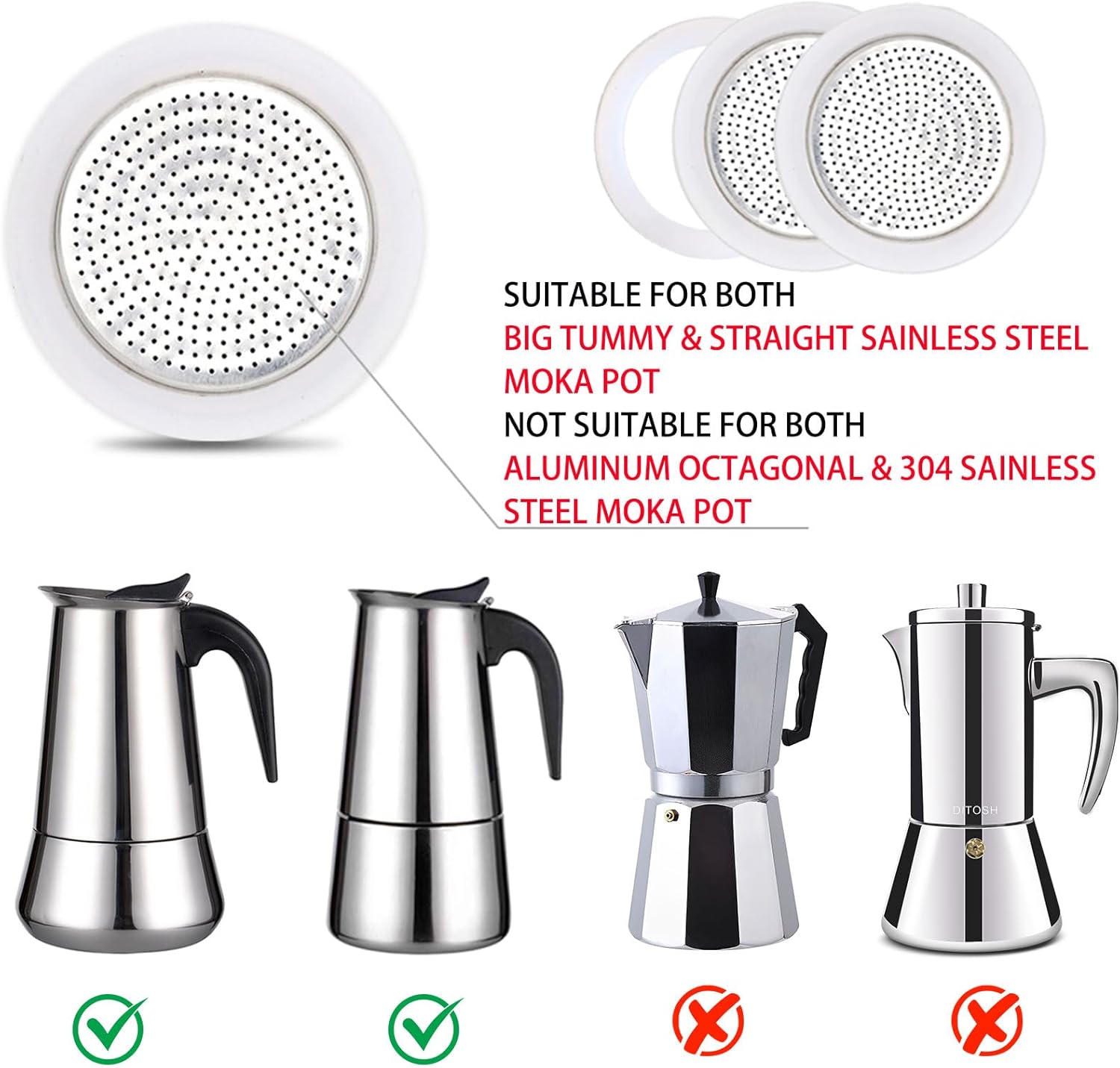 2 Pcs Filter with 3 Pcs Silicone Gasket Seals for 4 Cup Stovetop Espresso Coffee Maker Replacement Parts for Big Tummy and Straight Stainless Steel Moka Pot