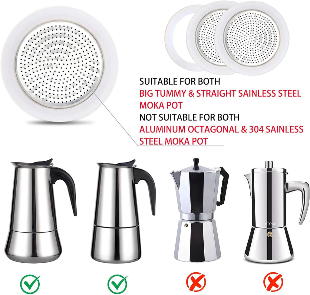 2 Pcs Filter with 3 Pcs Silicone Gasket Seals for 6 Cup Stovetop Espresso Coffee Maker Replacement Parts for Big Tummy and Straight Stainless Steel Moka Pot