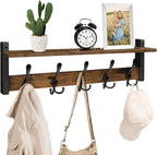Homode Rustic Brown Wall Mount Coat Rack with Shelf and 5 Tri Hooks, Wood Coat Hangers for Hanging Hat, Towel, Purse, Jacket
