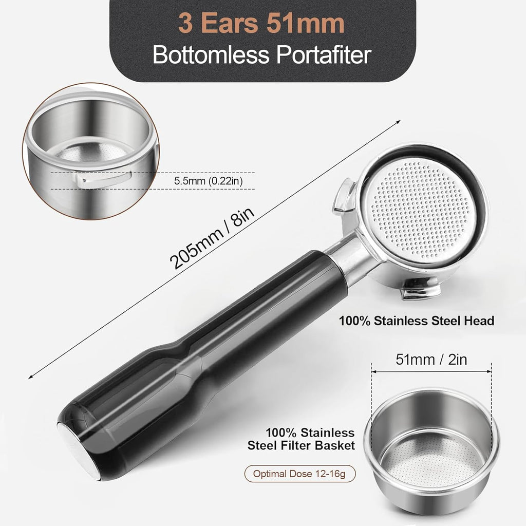 51mm Bottomless Portafilter & Puck Screen, 3 Ears Stainless Steel Head, Only Compatible with De'Longhi EC680, EC685, EC885, and SMEG ECF01, Includes 304 Stainless Steel Filter Basket