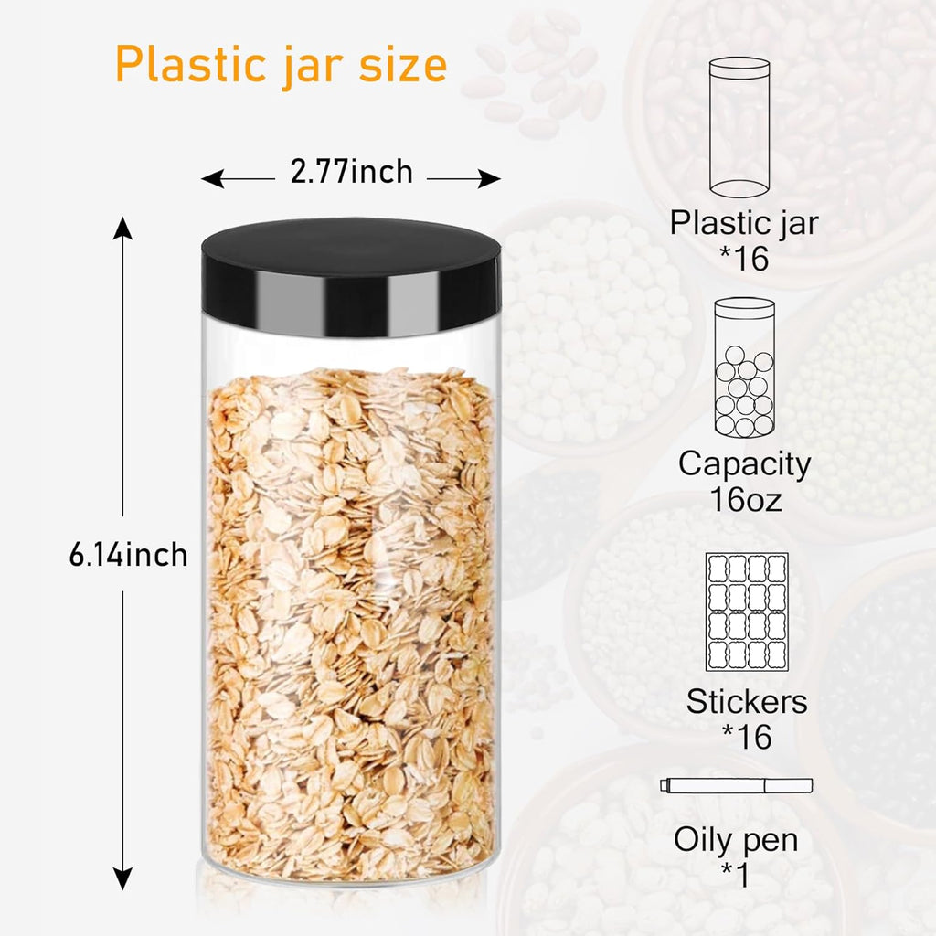 Plastic Jars with Lids 16OZ 16PCS Small Empty Slime Cosmetics Containers Clear Gift Food Jars Round PET Cream Jars with Black Lids Pen Labels for Kitchen Storage Spices Dry Food Butter