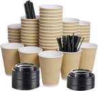Disposable Paper Coffee Cups with Lids, 100 pack 12 oz Ripple Wall Insulated To Go Coffee Cups for Hot/Cold Beverage, Recyclable Takeaway Drinking Cups for Home Office Cafe Party