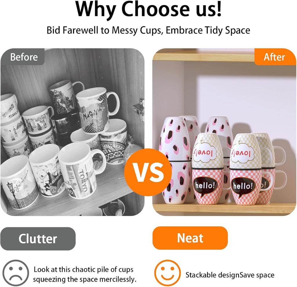 Mug Stacker & Storage Organizer – Expandable, Stackable Cup Holder for Kitchen Cabinet or Pantry – Space-Saving Solution for Tea Cups & Coffee Mugs (6Pcs Black)