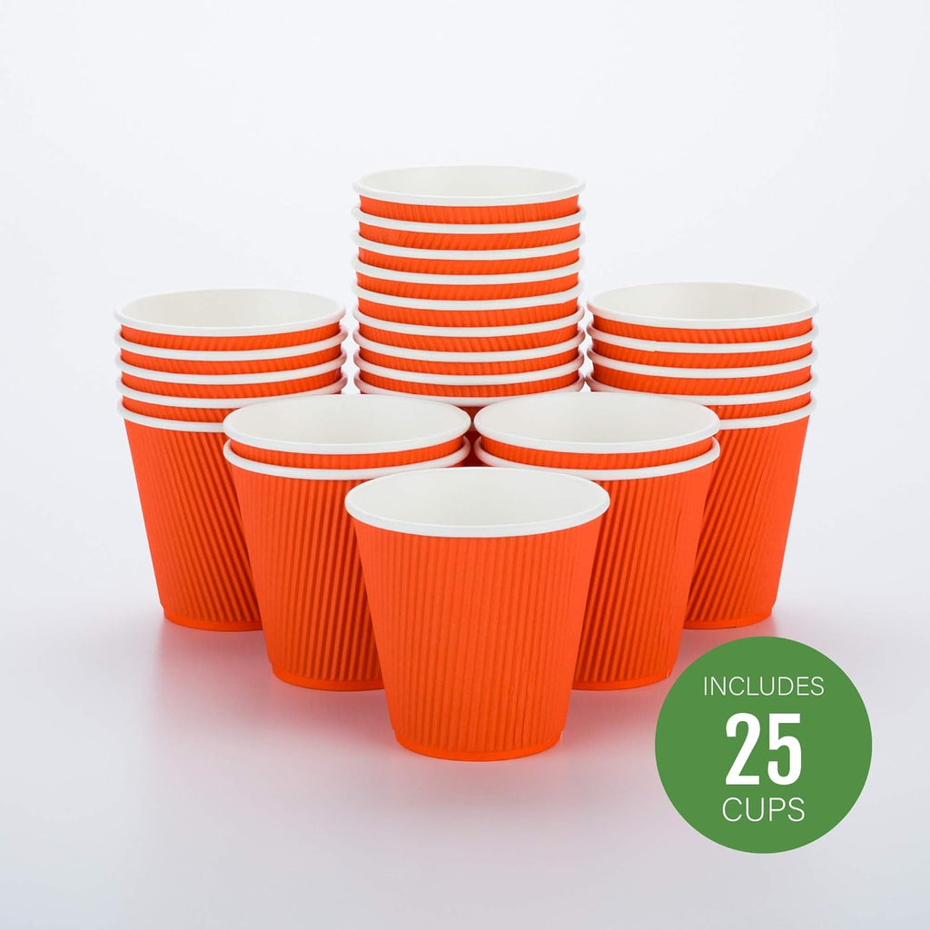 Restaurantware 8 Ounce Double Wall Disposable Coffee Cups, 25 Insulated Orange Paper Tumblers with Ripple Wall Design, Lids Sold Separately for Hot Drinks like Tea, Hot Chocolate, and More
