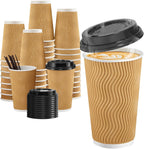 80 Pack 16 OZ Disposable Coffee Cups with Lids and Straws, Insulated Paper Coffee Cups with Lids, Corrugated Ripple Wall To Go Cups for Hot Drink, Coffee, Hot Chocolate, Water, Juice - Champagne