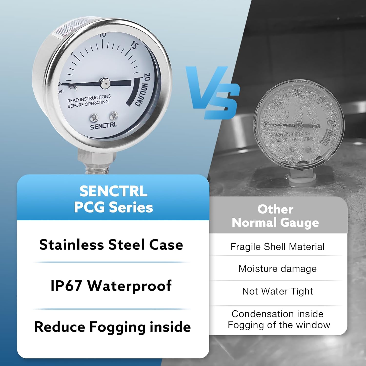 SENCTRL 20 Psi Pressure Cooker Gauge Replacement Part, 2" Dial Size, Stainless Steel Case, 3/8" UNC Male Lower Mount, Waterproof, with Gasket, Metal Washer and Nut, for Steam Canner, Pressure Cooker