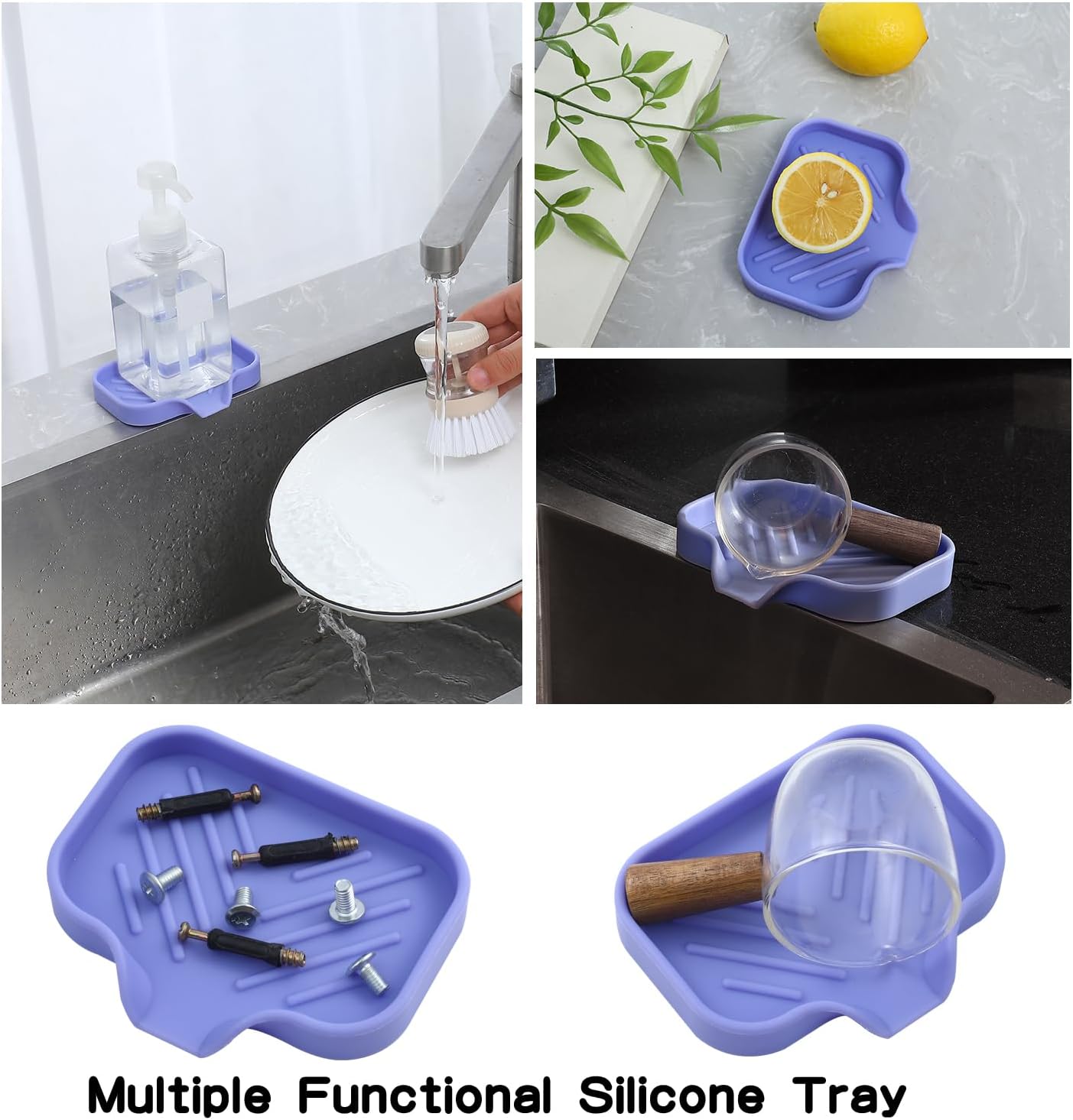 Silicone Bathroom Soap Dishes with Drain Spout-Bathroom and Kitchen Sink Organizer,Sponge Holder,Dish Soap Tray,Perfect for Dispenser,Scrubber,Bottle on Sink or Counter-Light Purple 4.9"×3.2"