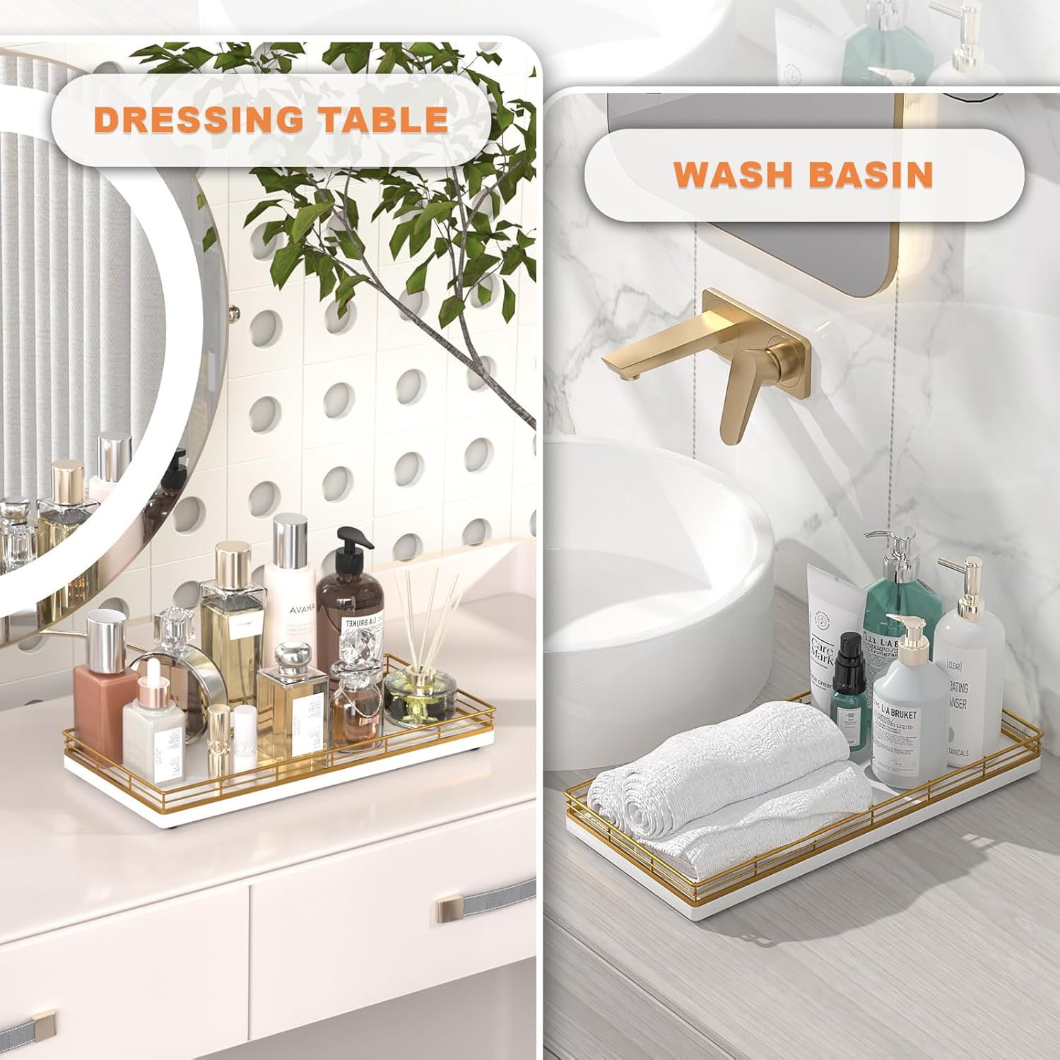 Bathroom Toilet Tank Tray, 13" Wood Toilet Paper Storage Basket Tray Back of Toilet Basket Organizer,Vanity Tray for Perfume Makeup Candle Decor, Gold & White