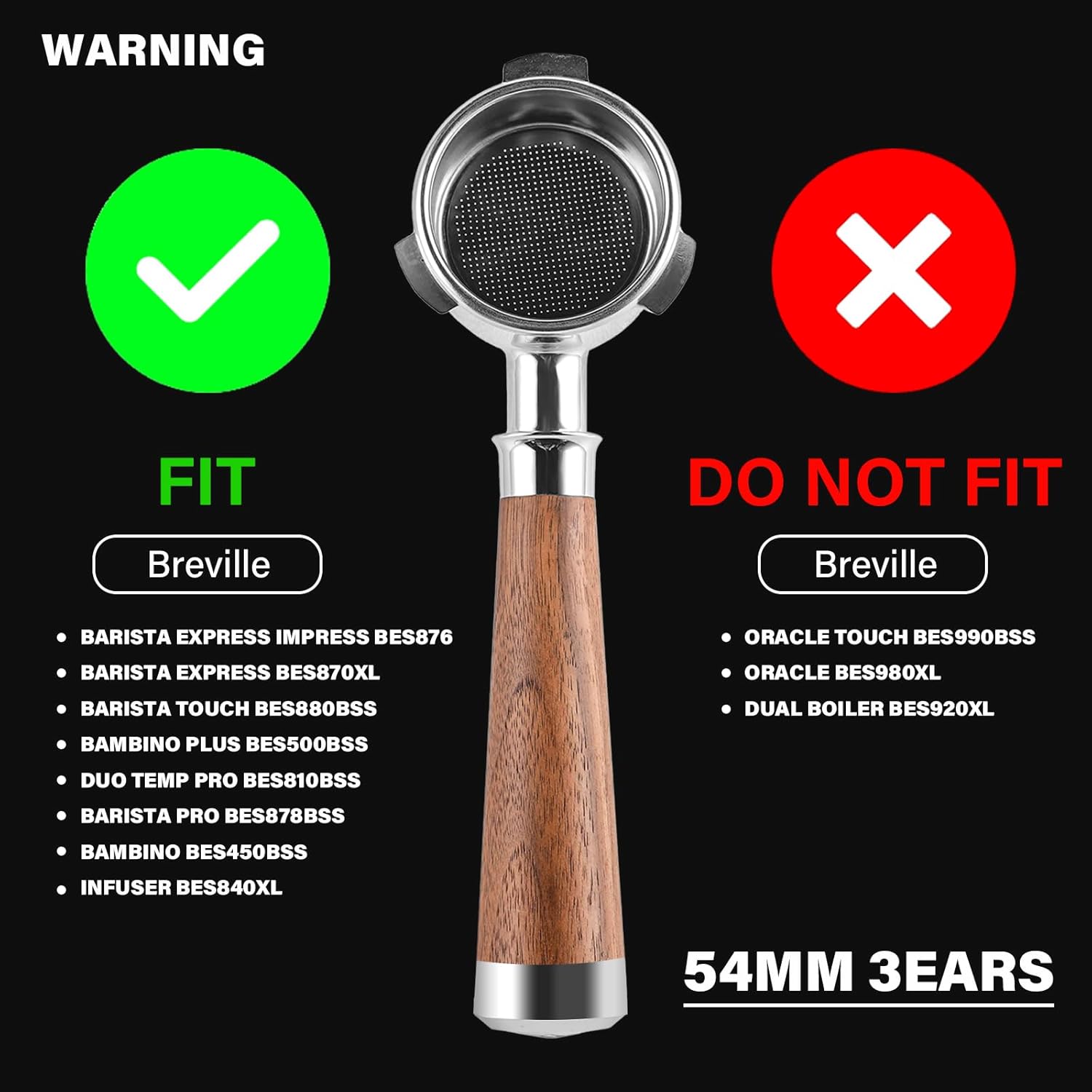 CrossCreek 54mm Espresso Double Spouts Portafilter with 3 Ear | Fits 54mm Breville/Sage Barista Espresso Machine | Stainless Steel Basket and Walnut Handle | Espresso Accessories