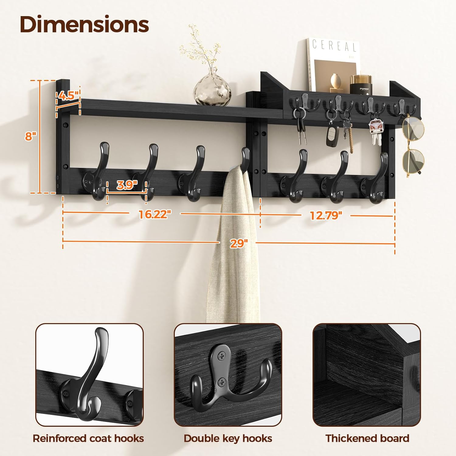 Evermagin 29" Coat Rack Wall Mount with Shelf, 4 in 1 Wall Mounted Coat and Key Hanger with 11 Hooks, Entryway Key Holder with Mail Holder for Living Room, Bedroom, Black