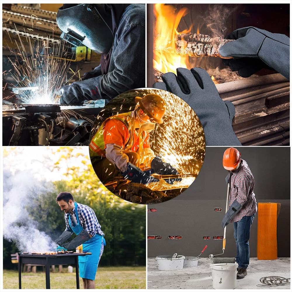 H HZXVOGEN Welding Gloves 16 Inches 932℉ Heat Fire Resistant BBQ Grill Gloves for Arc TIG MIG Wood Stove Barking Oven Fireplace Welder Gloves, Free Size for Men Women