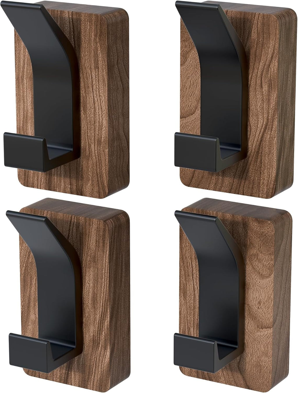 4 PCS Black Walnut Wood Wall Hooks Adhesive Mounted & Wall Mounted Rustic Decorative Entryway Hooks Mid Century Modern Natural Wooden Pegs for Hanging Coat Clothes Hat Bag Purse and Towel