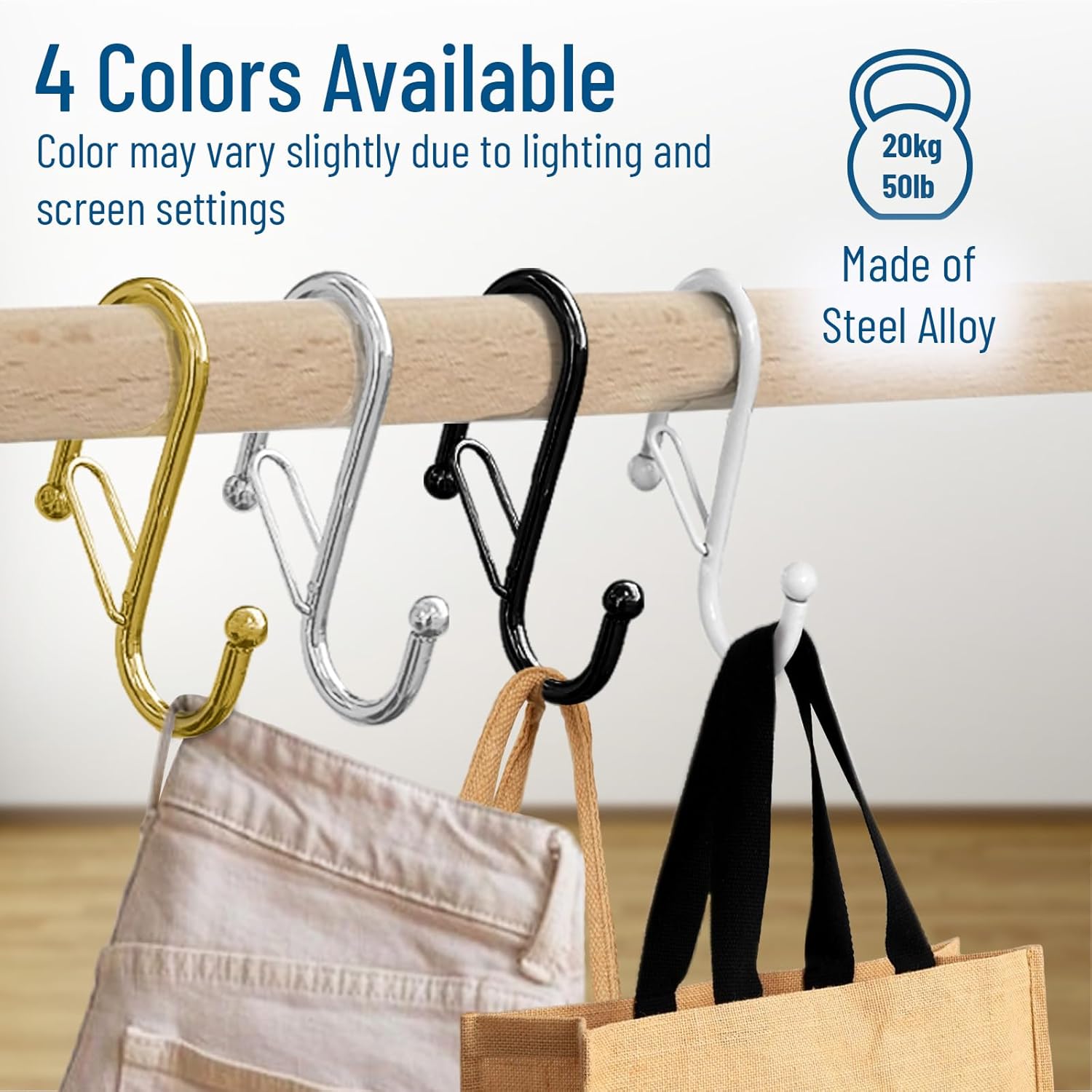 10-Pack Metal S Hooks for Hanging – Heavy-Duty S-Shaped Hooks with Safety Buckle – Fits Bars up to 0.6 In – Anti-Drop Hook for Kitchen, Pot Racks & Towel Bars – Gold (Small)