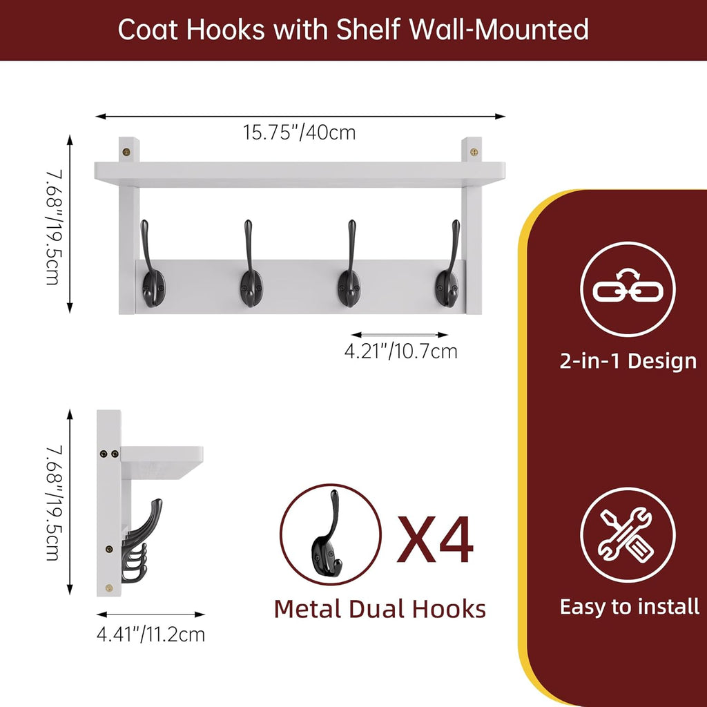 Coat Rack with Shelf Wall Mount, Entryway Bamboo Hanging Shelf, Set of 2, Wall Hook Rail for Hallway Décor, Storage Clothe, Hat, Robe, Key, Dog Leash (White+Black)