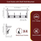 Coat Rack with Shelf Wall Mount, Entryway Bamboo Hanging Shelf, Set of 2, Wall Hook Rail for Hallway Décor, Storage Clothe, Hat, Robe, Key, Dog Leash (White+Black)