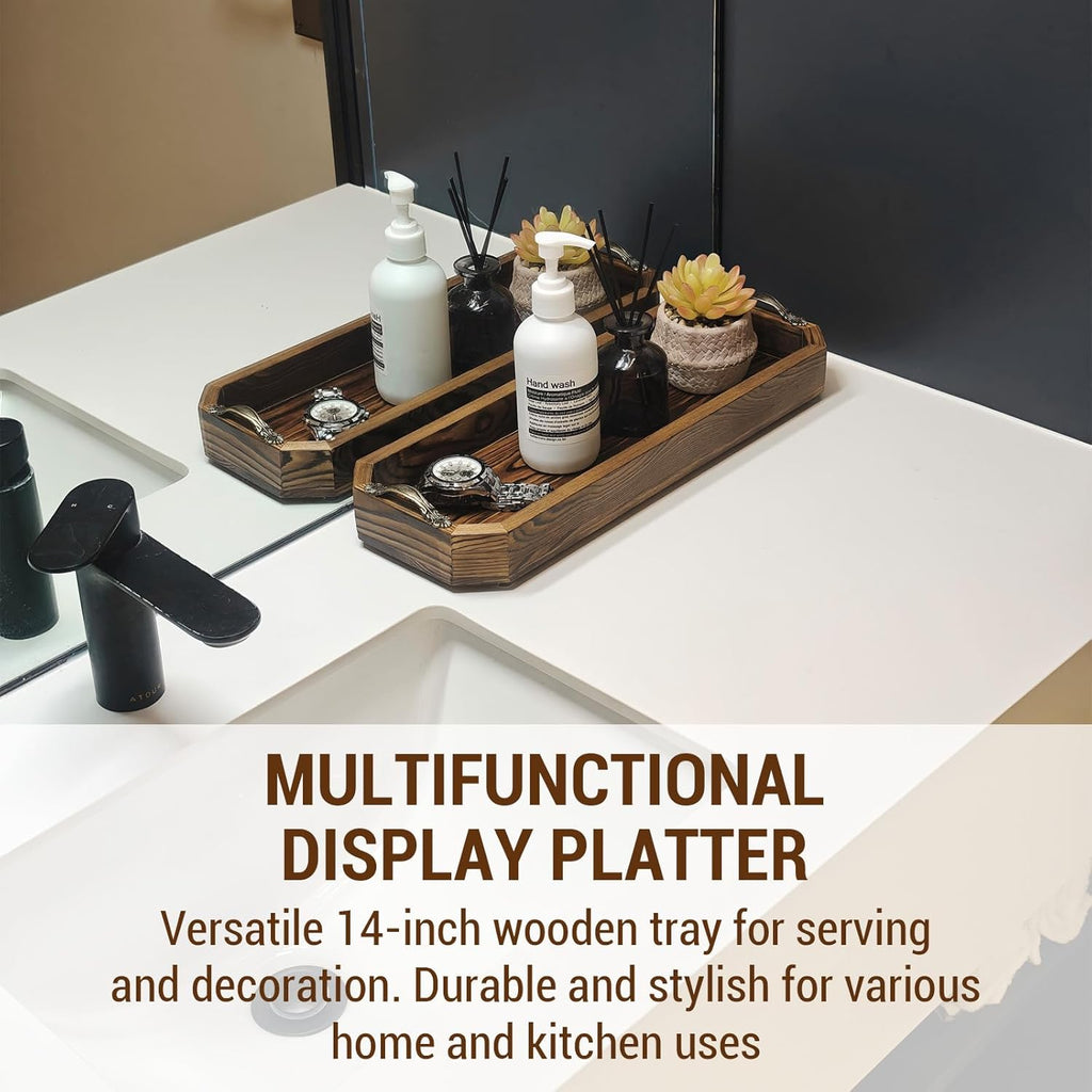 MyGift Wooden Vanity Tray, Rustic Burnt Solid Wood Toilet Tank Tray - Decorative Octagonal Cosmetic Organizer with Antique Metal Handles