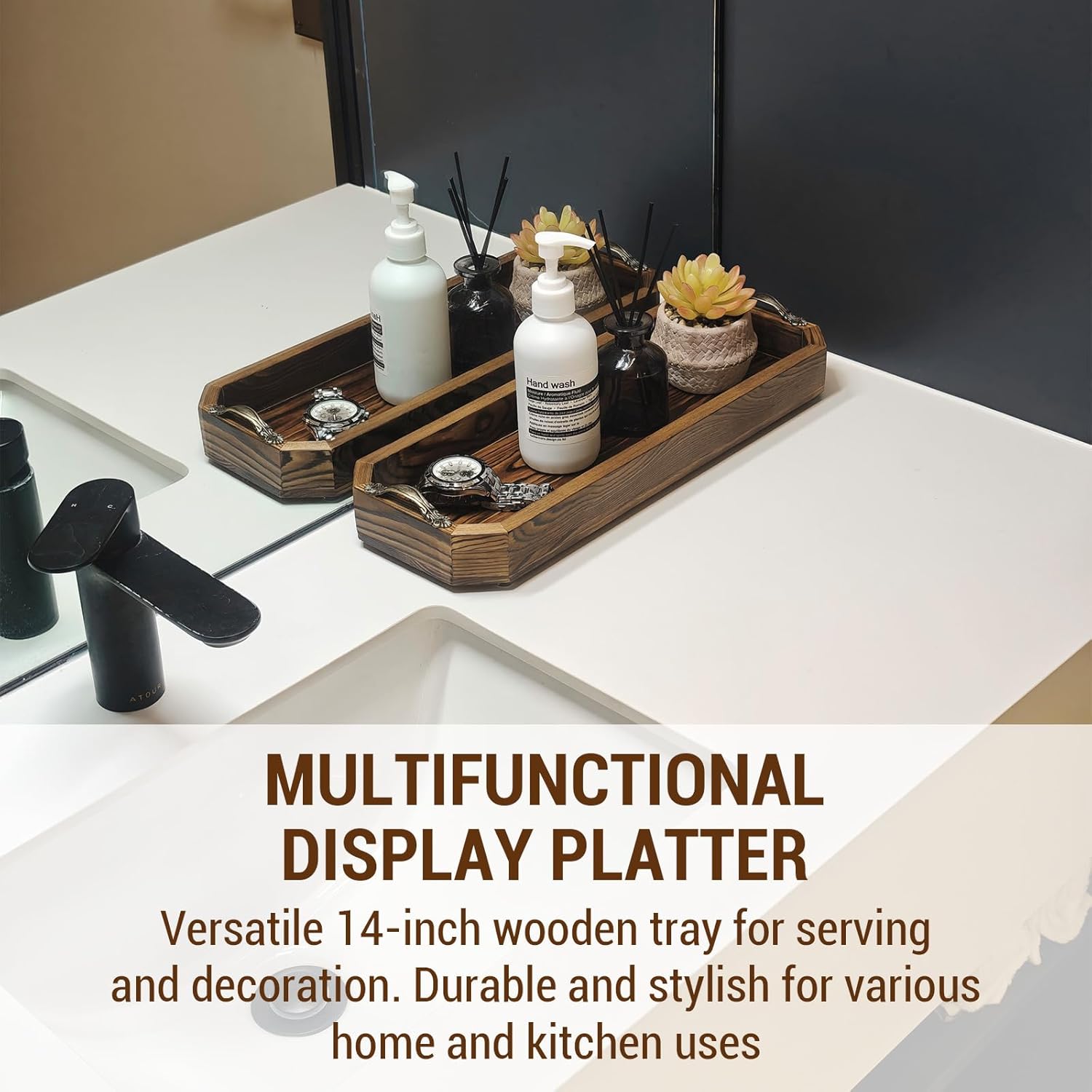 MyGift Wooden Vanity Tray, Rustic Burnt Solid Wood Toilet Tank Tray - Decorative Octagonal Cosmetic Organizer with Antique Metal Handles