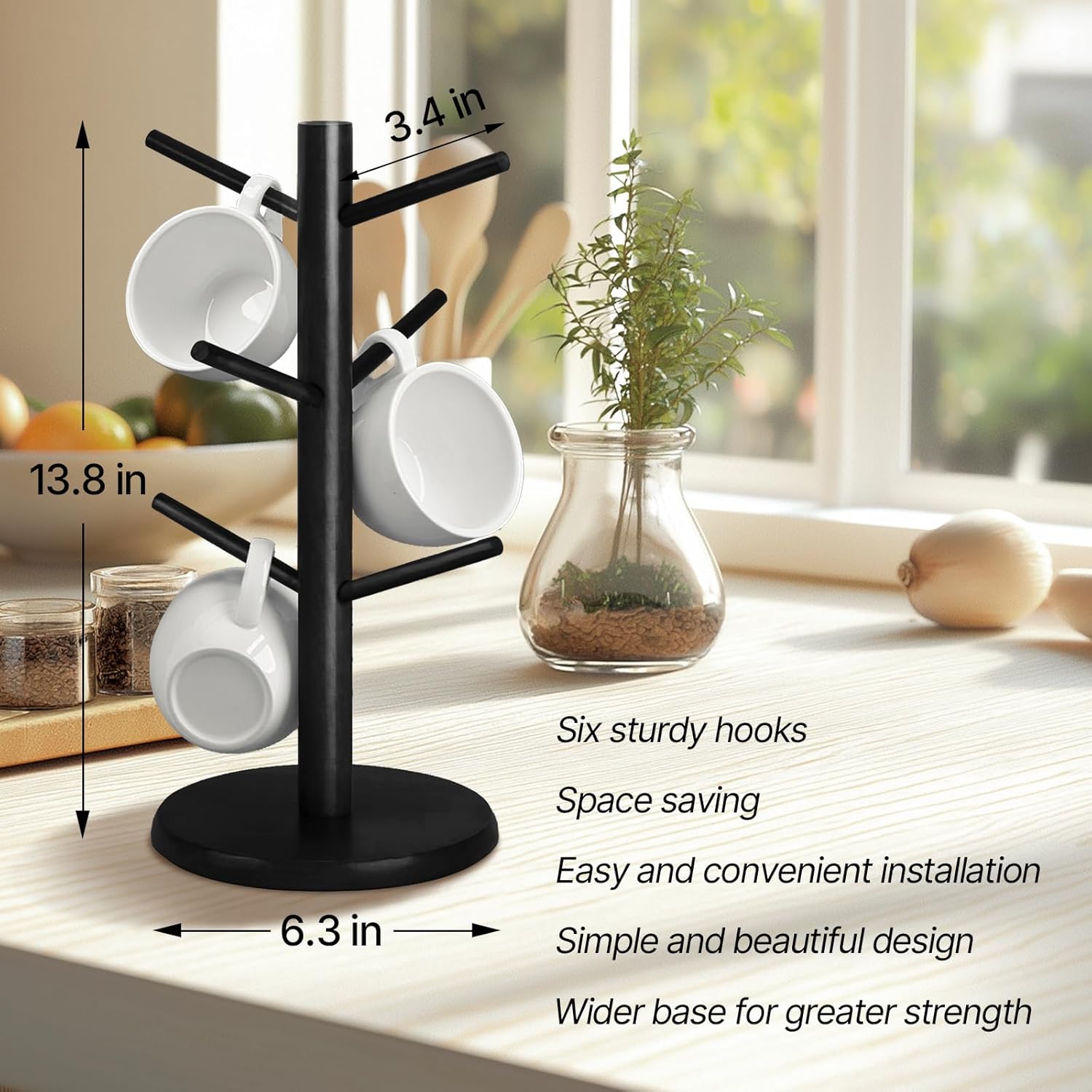 Wooden Mug Holder Tree, Coffee Cup Holder, Mug Organizer with 6 Hooks (Black)