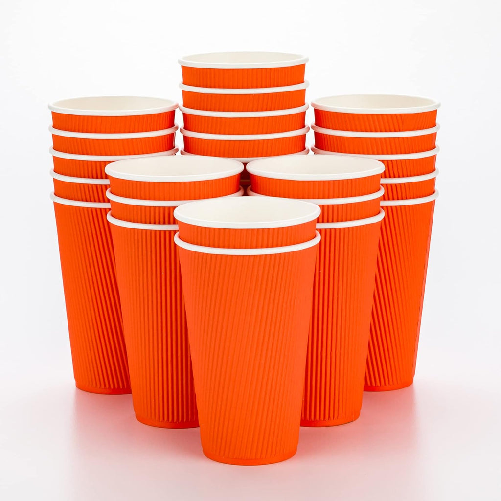 Restaurantware 16 Ounce Ripple Wall Disposable Coffee Cups, 500 Insulated Orange Paper Tumblers, Rolled Rim Design, Lids Sold Separately for Hot Drinks like Tea, Hot Chocolate and More