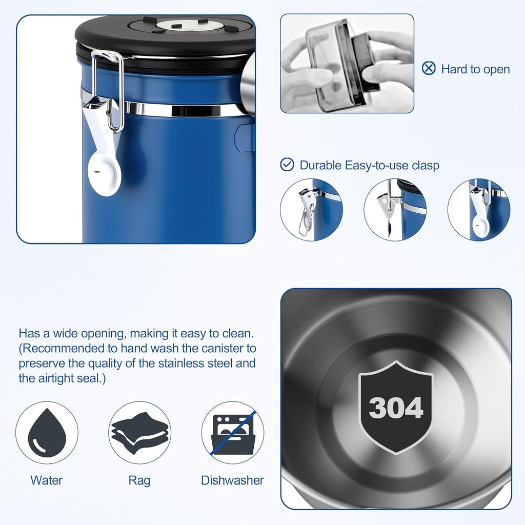 ShanSon Coffee Canister Airtight Coffee Container Stainless Steel Coffee Bean Storage Container with Scoop Coffee Canister for Beans Grounds Sugar Flour Tea Cereal,11OZ,Blue