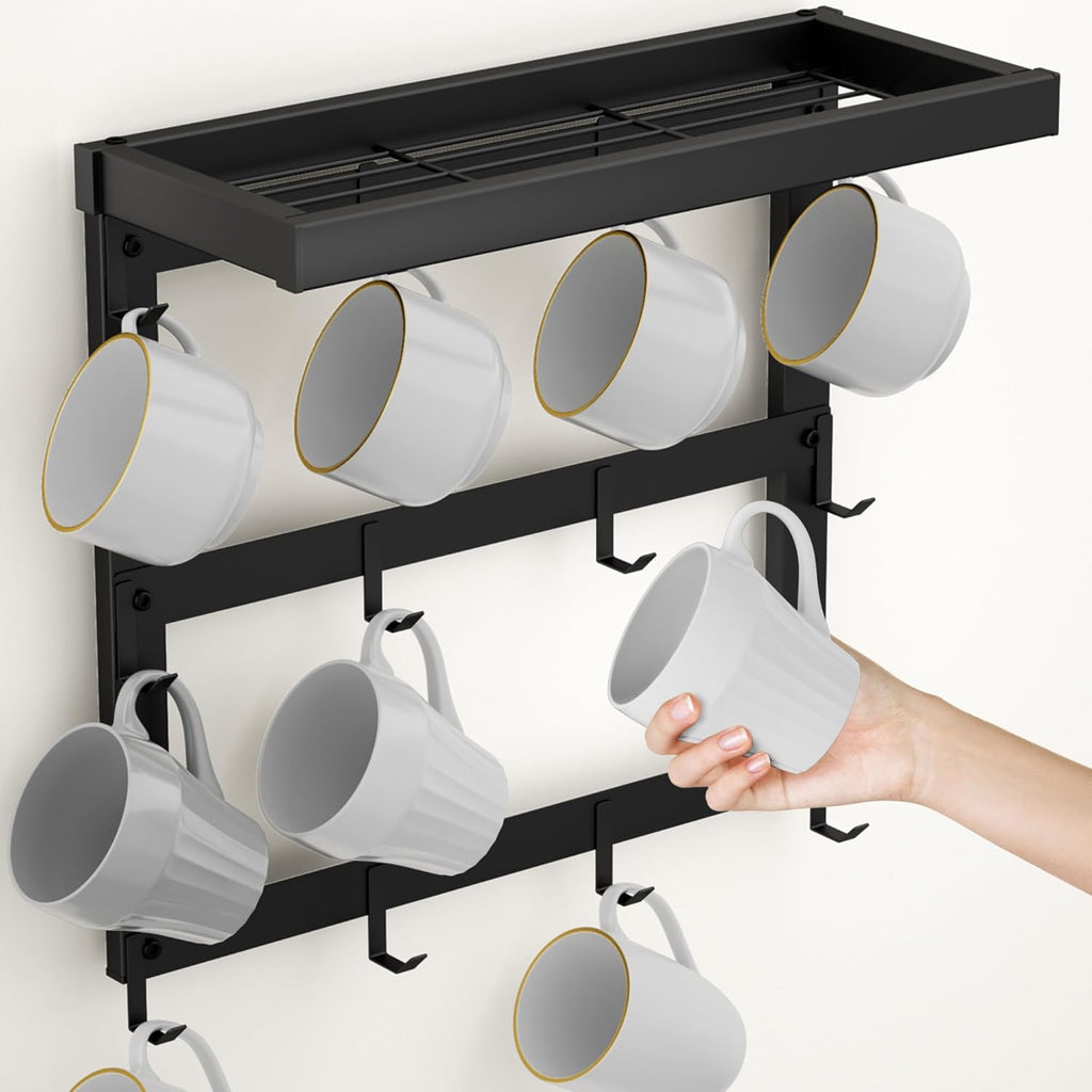 Coffee Mug Rack Wall Mounted, Rustic Metal Mug Holder Organizer with 12 Hooks and Top Shelf Cup Storage Rack for Home Kitchen Coffee Bar Station Mug Display and Collection