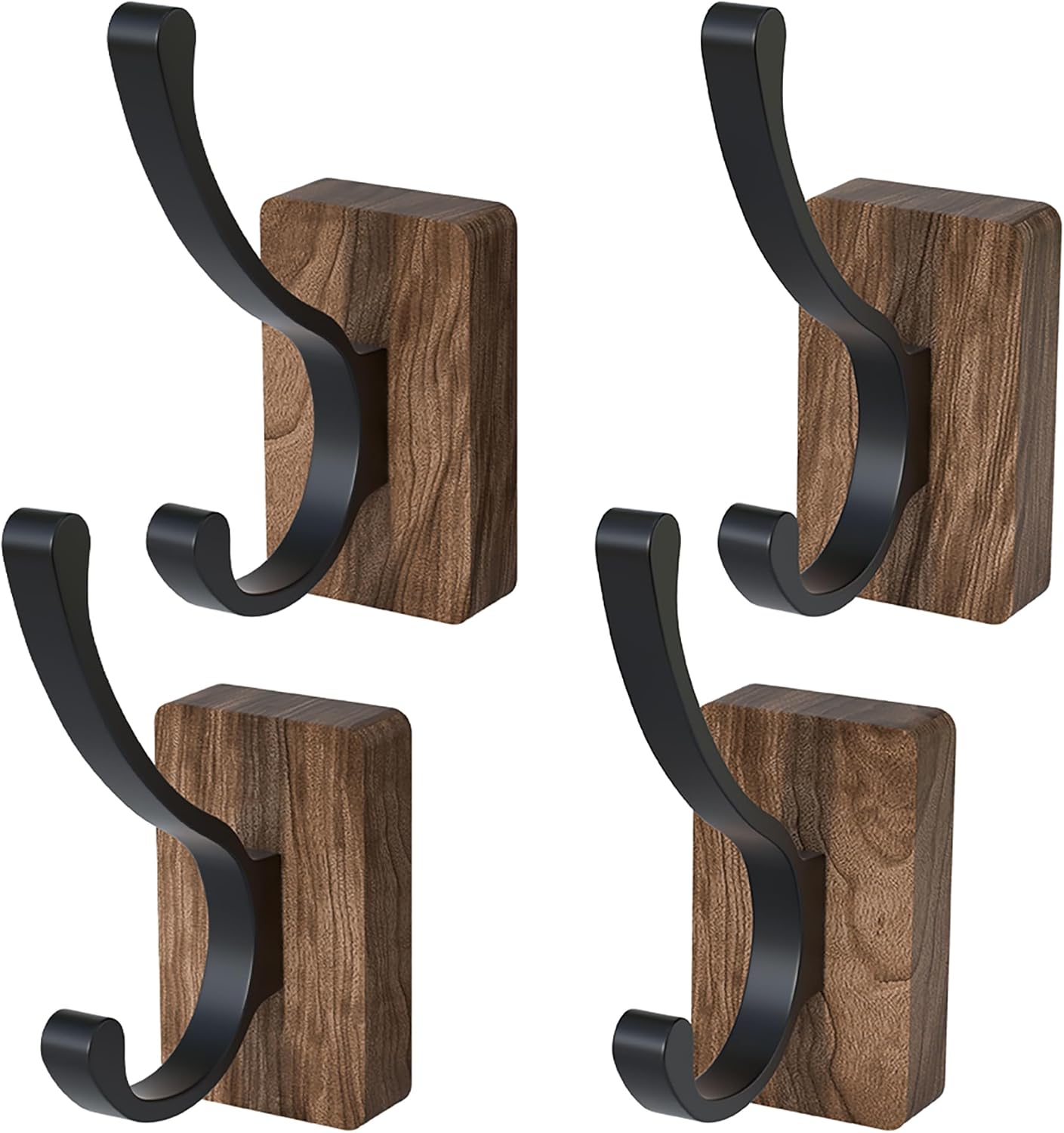 4 PCS Black Walnut Wood Wall Hooks Adhesive Mounted & Wall Mounted Rustic Decorative Entryway Hooks Mid Century Modern Natural Wooden Pegs for Hanging Coat Clothes Hat Bag Purse and Towel