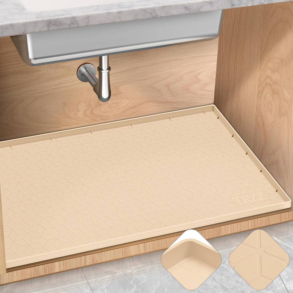 TRZZ Silicone Waterproof Under Sink Mat 31" x 22", Drip Tray and Cabinet Liner for Kitchen and Bathroom, Prevents Water Damage and Organizes Cabinets (Beige)