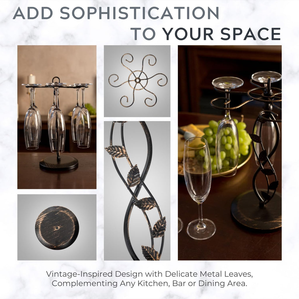 Wine Glass Rack – Elegant and Vintage-Inspired Wine Glass Holder for 6 Tall Glasses – Beautiful Leaf Design Wine Racks Countertop – Durable Metal Wine Glass Storage Rack – 9.5 x 9.5 x 13-inch