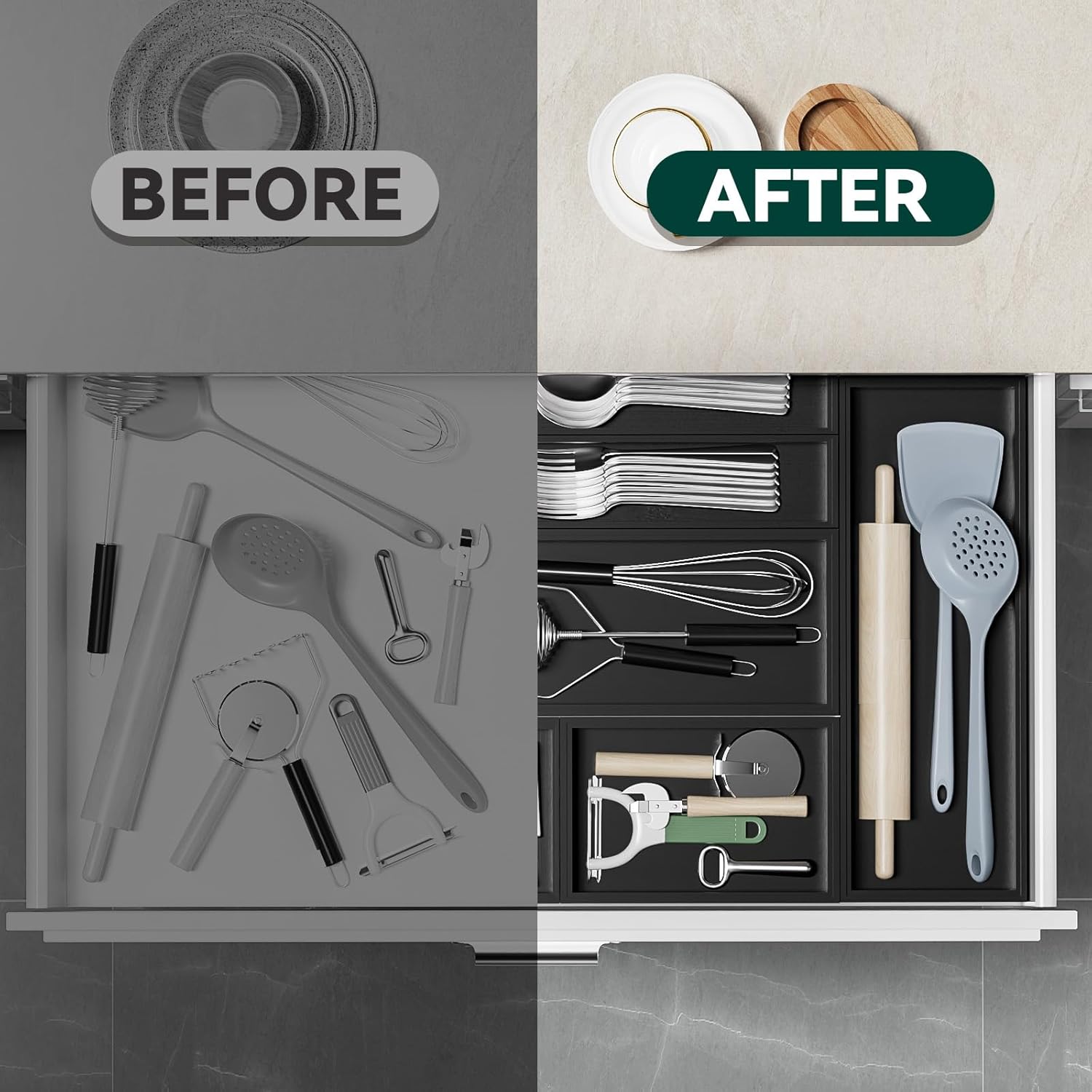 Bamboo Drawer Organizer, Small Silverware for Kitchen Drawer, Stackable Utensil Organizer, 2 Pcs Flatware Organizer, Wooden Storage Box Tray (Black, 6 X 3 X 2 Inch)