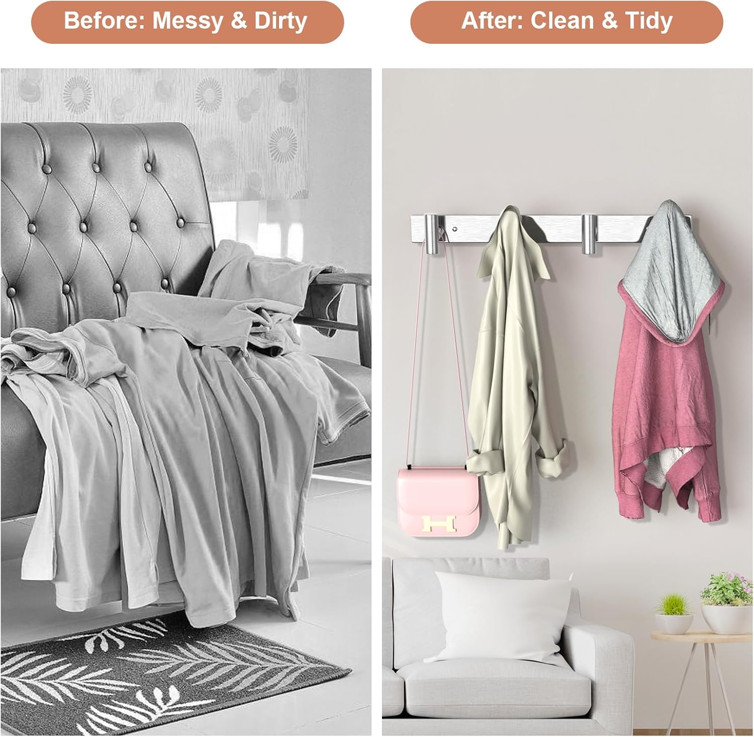 VAEHOLD Silver Hat and Coat Wall Mount Rack - Coat Rack with 4 Hooks for Robes, Bags, Keys, and Towels - Bathroom Towel Hanger Organizer (2 Pack)