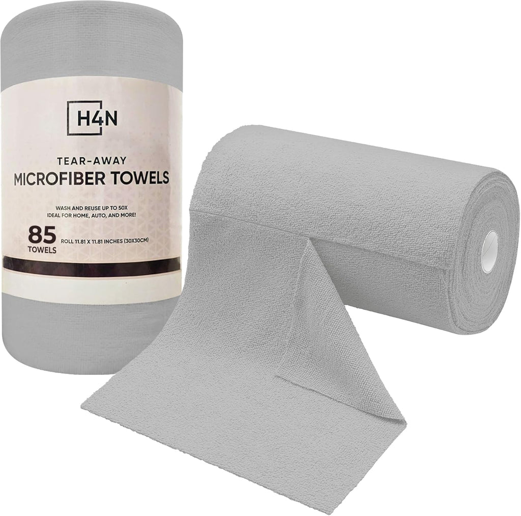 H4N Microfiber Cleaning Cloth Roll, 85 Pack Micro Fiber Wash Cloths for Car, Tear Away Towels, Ultra Absorbent Dish Rags, Non-Abrasive, Reusable and Washable Household Supplies, 11.81" x 11.81", Gray