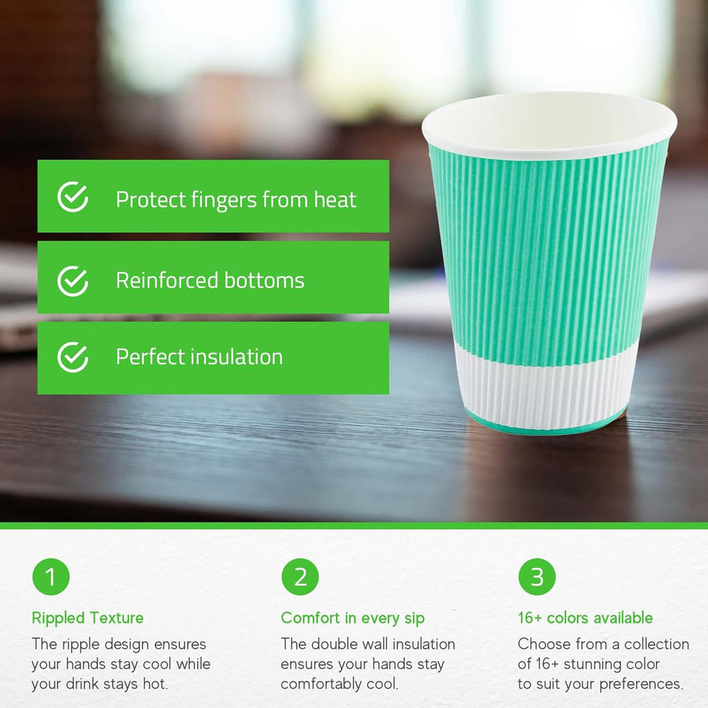 Restaurantware 12 Ounce Ripple Wall Disposable Coffee Cups, 500 Insulated Midnight Light Green Paper Tumblers with Rolled Rim Design, Lids Sold Separately for Hot Drinks like Tea, Hot Chocolate