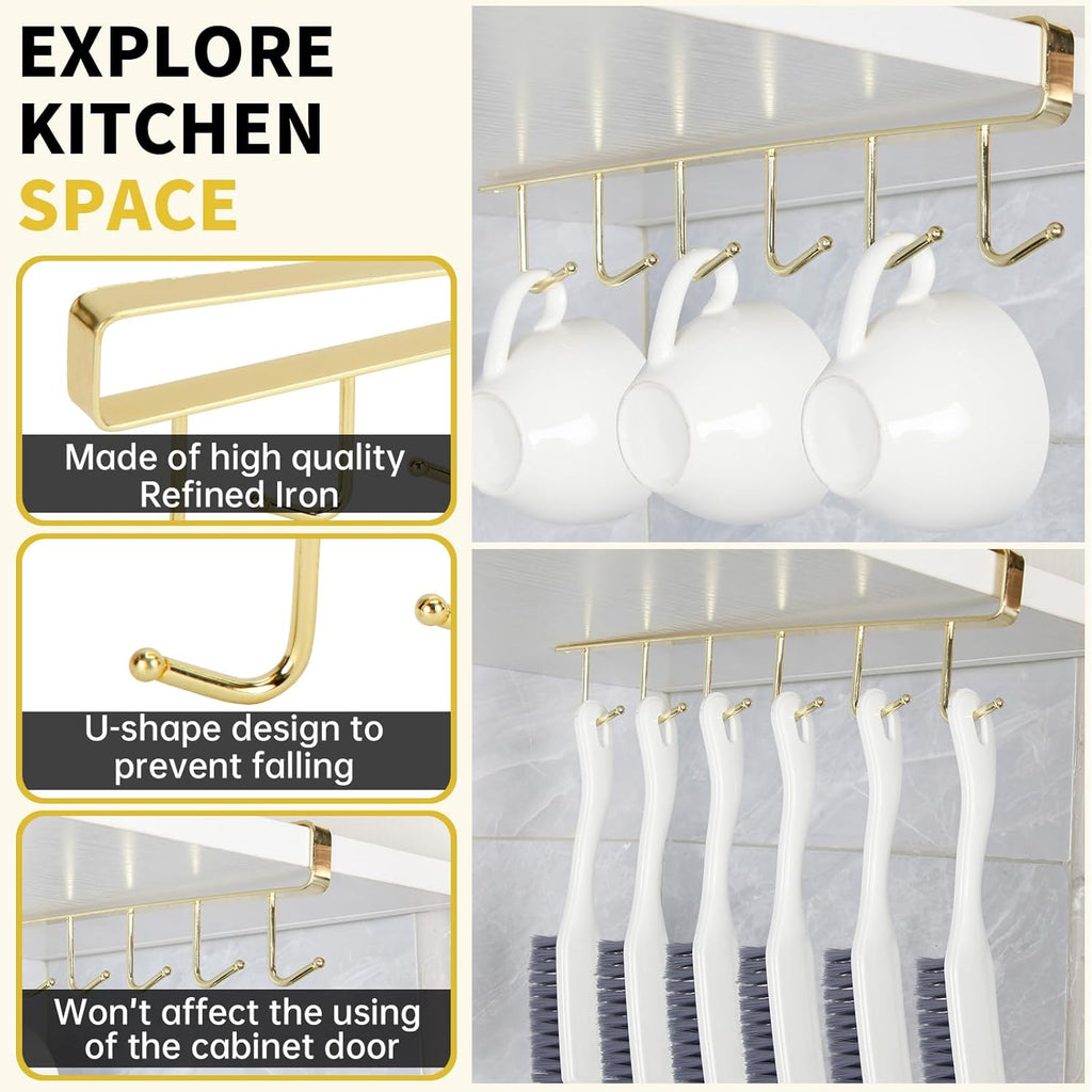 2pcs Mug Organizer for Kitchen Cabinets,Under-Shelf Coffee Cup Mug Rack with 6 Hooks,Fit for 1.1 Inch Thickness Shelf or Less,Suitable for Holder Hanger for Cups/Keys Storage/Scarf.Gold