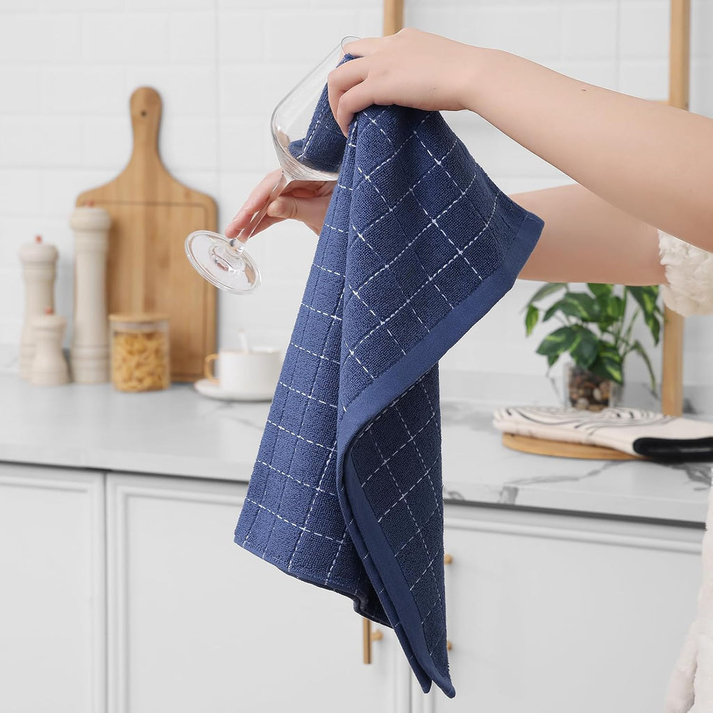 Homaxy 100% Cotton Terry Kitchen Towels(Navy Blue, 20 x 28 inches), Checkered Designed, Soft and Super Absorbent Dish Towels, Large 4 Pack