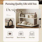 2-Tier Rattan Organizer Vintage Coffee Mug Cup Holder for Countertop Kitchen Bedroom and Living Room, Saucer Bottle Storage Kitchen Accessories (Green)