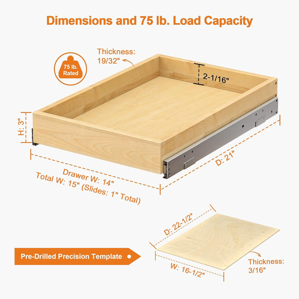 ALINE FURNITURE Pull Out Drawers for Cabinets Birch Wood, 15" W X 21" D Soft Close Slide Out Shelves for Kitchen Cabinets, Pullout Drawer for Pantry Cabinet Organizer