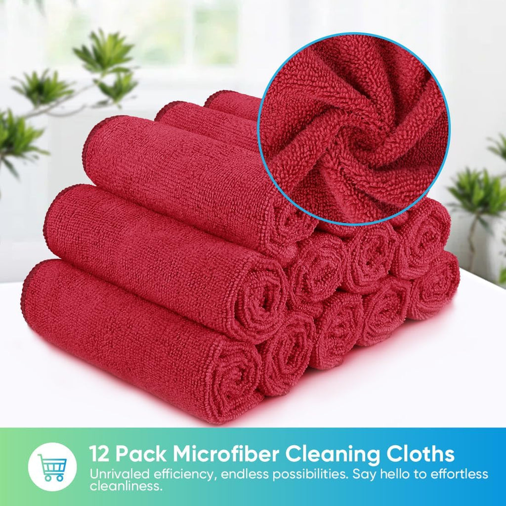 HOMEXCEL Red Microfiber Cleaning Cloth, 12 Pack Premium Microfiber Towels for Cars, Lint Free, Scratch-Free, Highly Absorbent, Reusable Cleaning Rags for Car, Household, Kitchen, Window, 11.5"X11.5"