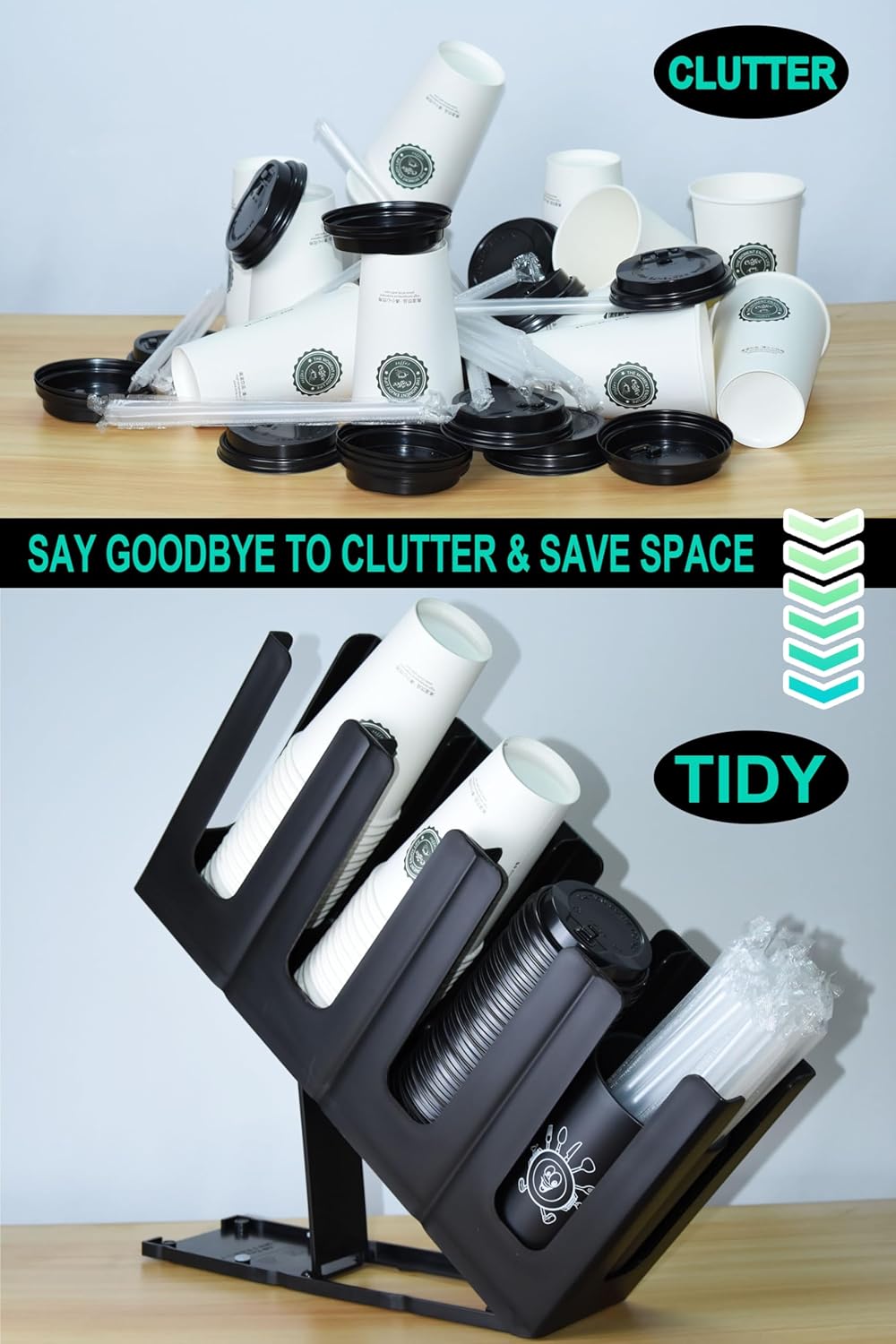 Cup Holder Lid Dispenser with Straw Organizer,Disposable Coffee Cup Dispenser,Cup Storage Organizer for Breakroom Countertop Coffee Station Bar Restaurant