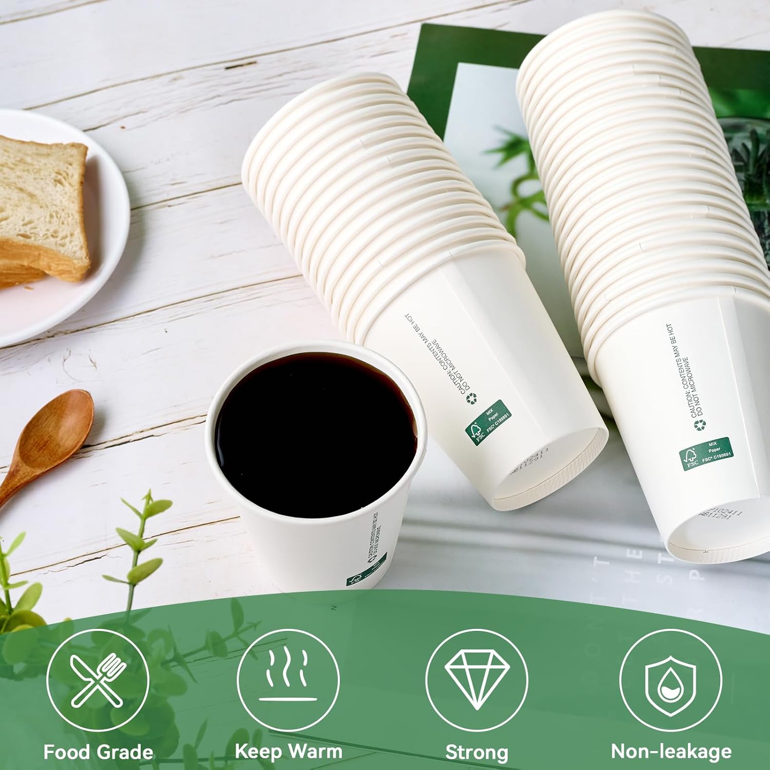 LITOPAK 210 Pack 10 oz Disposable Paper Coffee Cups, White FSC Hot Coffee Cups for Multiple Drinks for Office, Store, Home