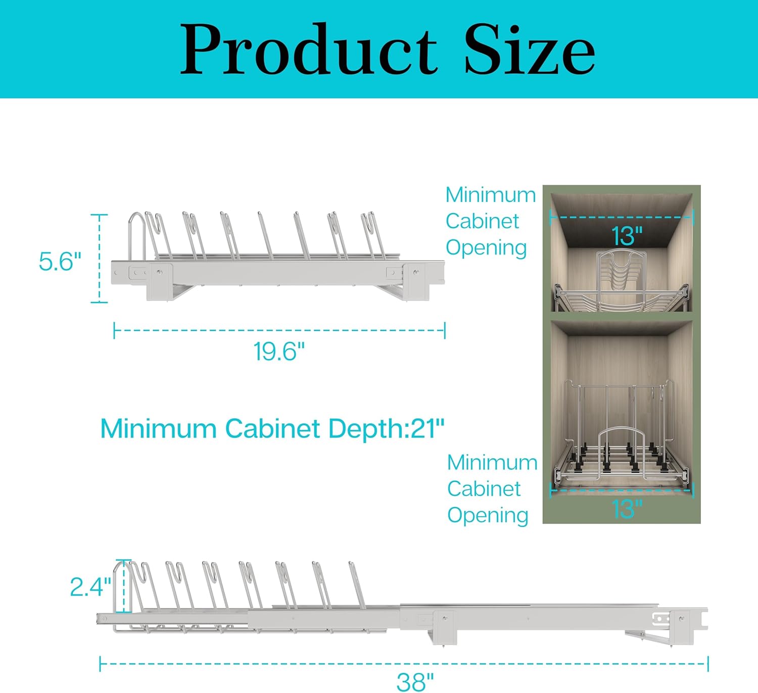 Slide Out Pan and Pot Lid Organizer For Under Cabinet, Wire Dividers Kitchen Pull Out Pot Lid Rack Organization And Storage, Full-Extension Rail, 12" W X 20" D