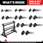 PAPABABE Hex Dumbbell Set with Rack, Rubber Encased Free Weight with Weight Storage Racks, Multiple Weight Options for Home Gym and Fitness