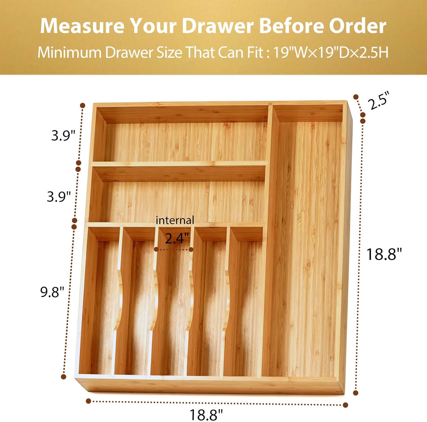 Umilife Large Kitchen Drawer Organizer, 19"x19" Silverware Utensils Organizer, 2.5" High for Large Deep Drawers, Bamboo Flatware Holder with Thick Frames, Sturdy Kitchen Organization Tray