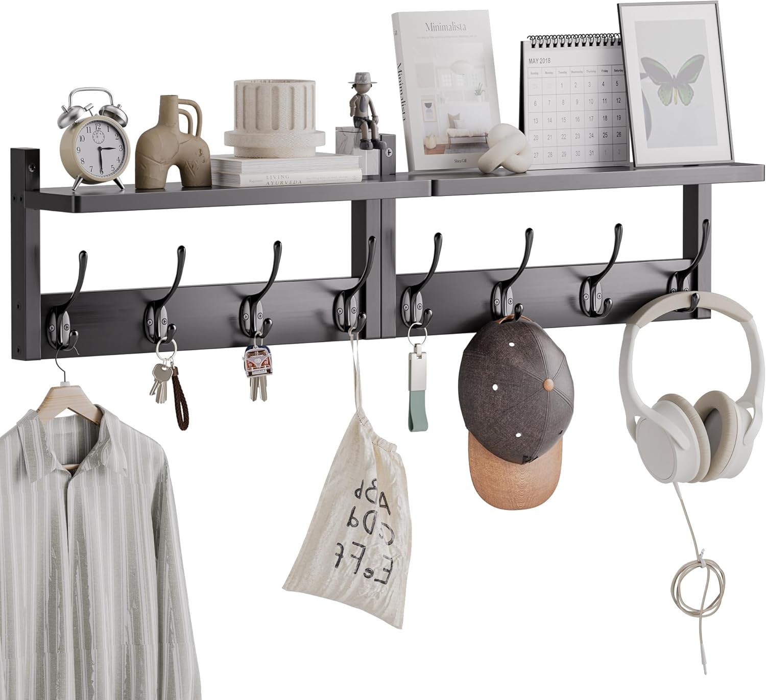 Coat Rack with Shelf, 2 Pack Bamboo Wall-Mounted Coat Hanger with 8 Hooks for Entryway, Hallway, Kitchen, Bathroom, Living Room, Utility Room (Black)