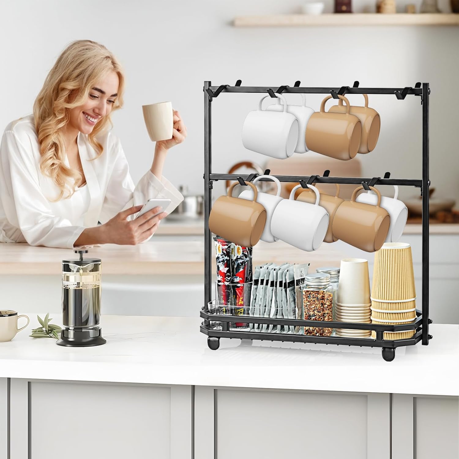 Coffee Mug Holder for Countertop, Coffee Cup Holder Rack with 14 Hooks, Metal Mug Tree Stand with Storage Base for K Cup Coffee Pod Paper Cups Tea Bag - Black