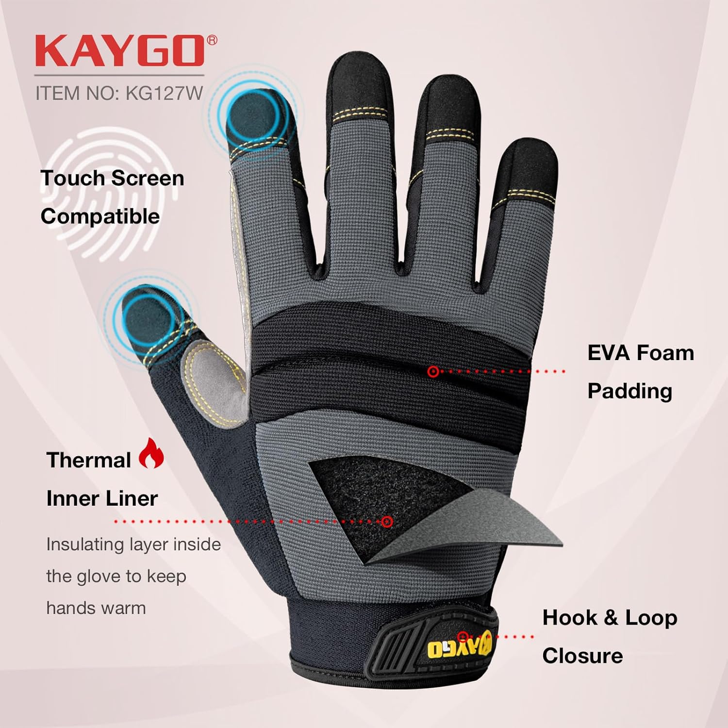KAYGO Insulated Mechanic Work Gloves,3 Pairs KG127W Winter Thermal Safety Work Gloves for Men and Women, Double Lining,Heavy duty,Improved dexterity,Excellent Grip,Ideal for outdoor jobs,L