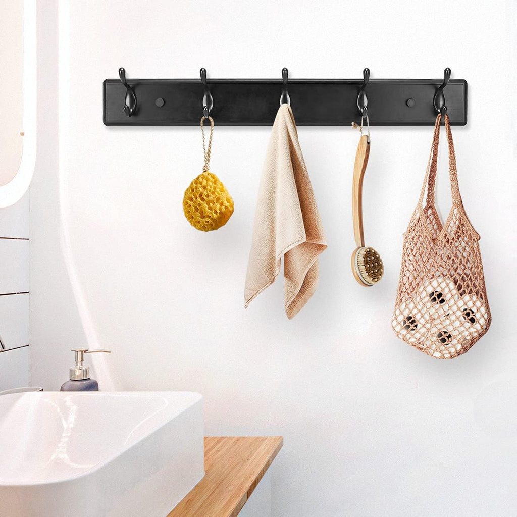 Wooden Coat Rack, Wall-Mounted Organizer for Closet, Entryway, Hallway, Foyer, Bedroom, Heavy Duty Double Hooks for Hanging Towels, Bags, Hats, Jackets, Key (Black, 5 Hooks)