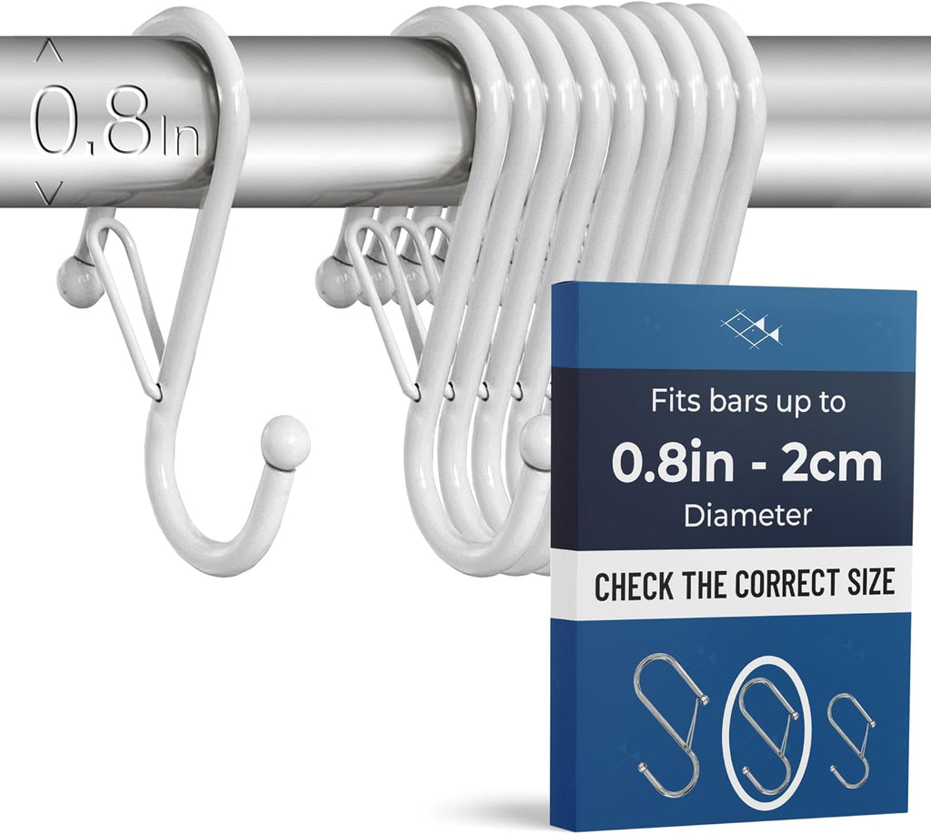 10-Pack Metal S Hooks for Hanging – Heavy-Duty S-Shaped Hooks with Safety Buckle – Fits Bars up to 0.8 in – Anti-Drop S-Hooks for Kitchen, Bathroom, Closet & Pot Racks – White (Medium)