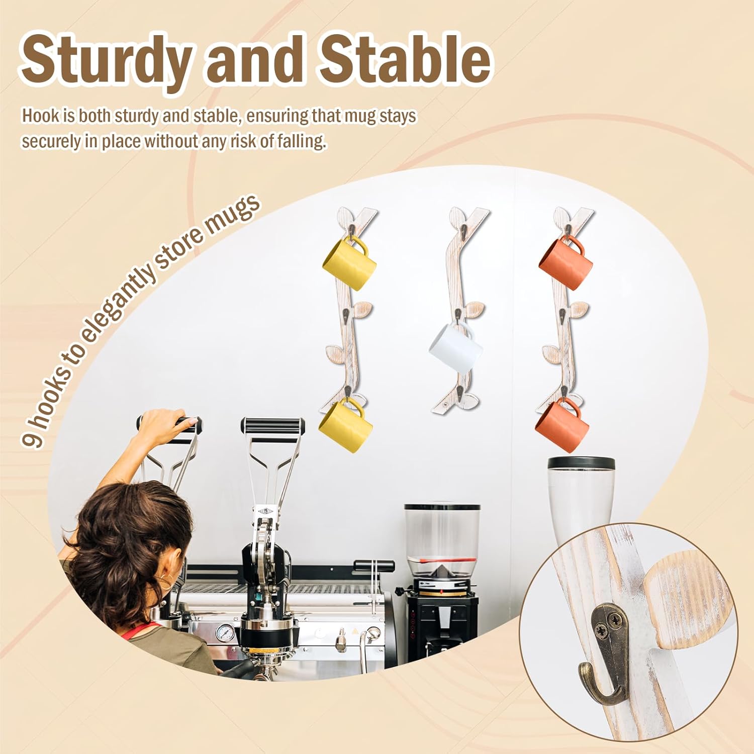 3 Pack Wood Coffee Mug Wall Rack with 9 Hooks Wall Mount Coffee Cup Holder White Espresso Cup Display Stand Tea Cup Hanger Display Wall for Kitchen Cafe Bar